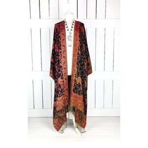 Maxi black orange paisley floral silk pashmina kimono cover up jacket one size